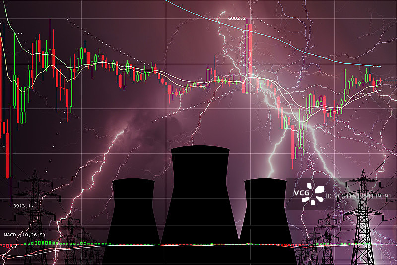 在股票图表背景下的核电站。电价变动概念图片素材