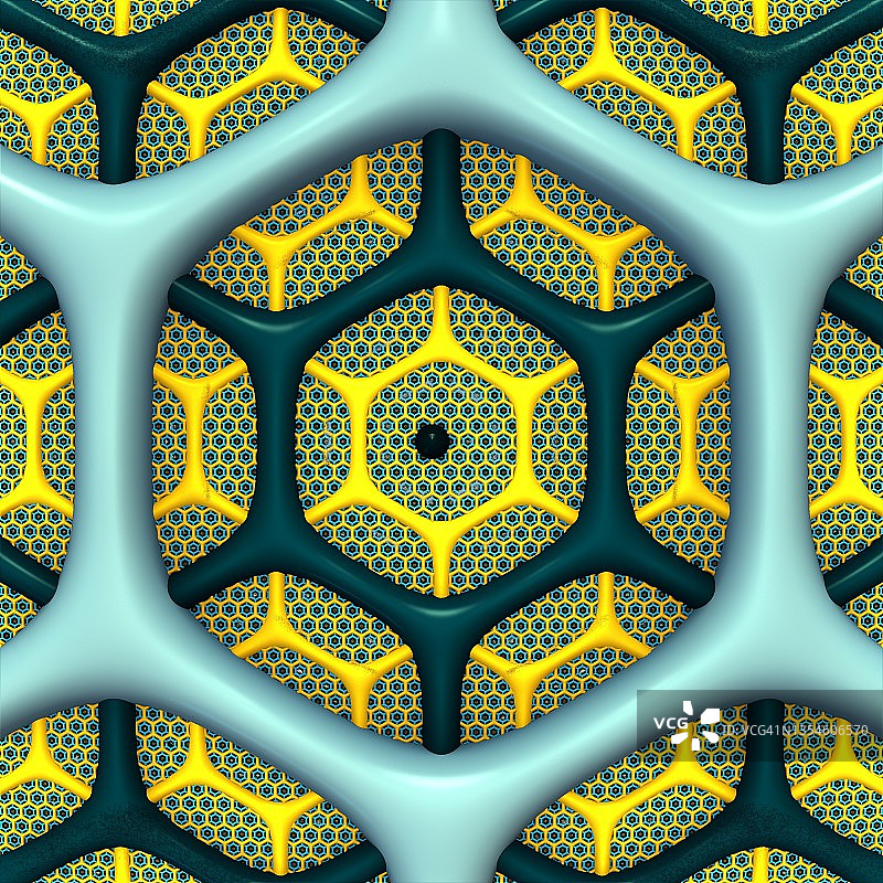 六边形网格单元，三维分形图案。蓝色，黄色和深蓝色。3d对象，3d渲染图片素材