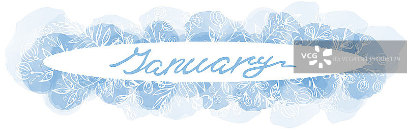 蓝色线画一个一月在一个椭圆形的框架与霜花元素和水彩斑点在白色的背景。冬季线艺术文本图片素材