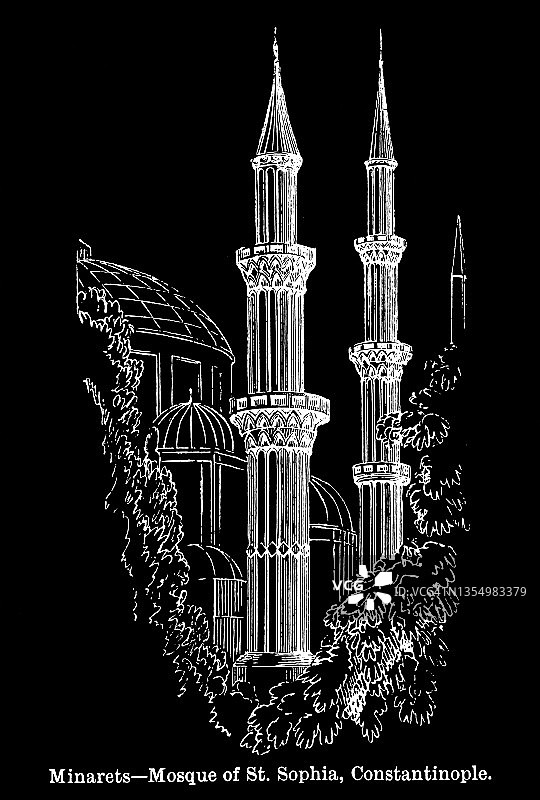 宣礼塔的老雕刻插图，圣索菲亚清真寺在君士坦丁堡图片素材