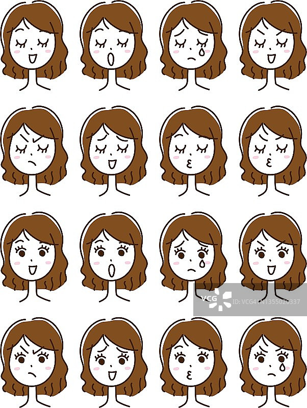 女性情感面部表情集，手绘插图/插画材料(矢量插图)图片素材