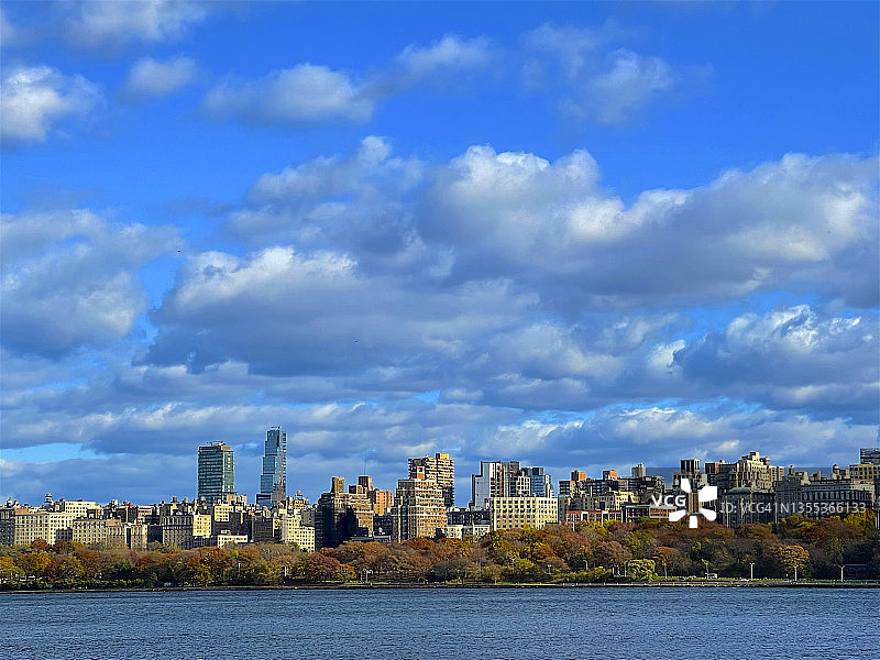 纽约，公寓楼、公园和哈德逊河上空大多是晴朗的天空图片素材