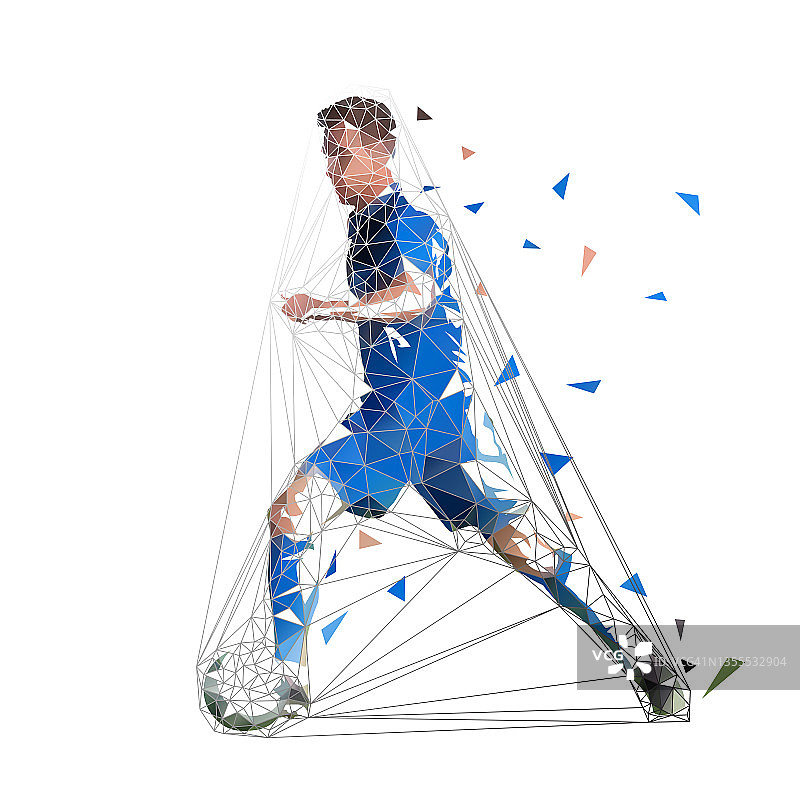 足球运动员在蓝色球衣跑与球，抽象低多边形矢量画。足球运动员，孤立的几何彩色插图，侧面图片素材