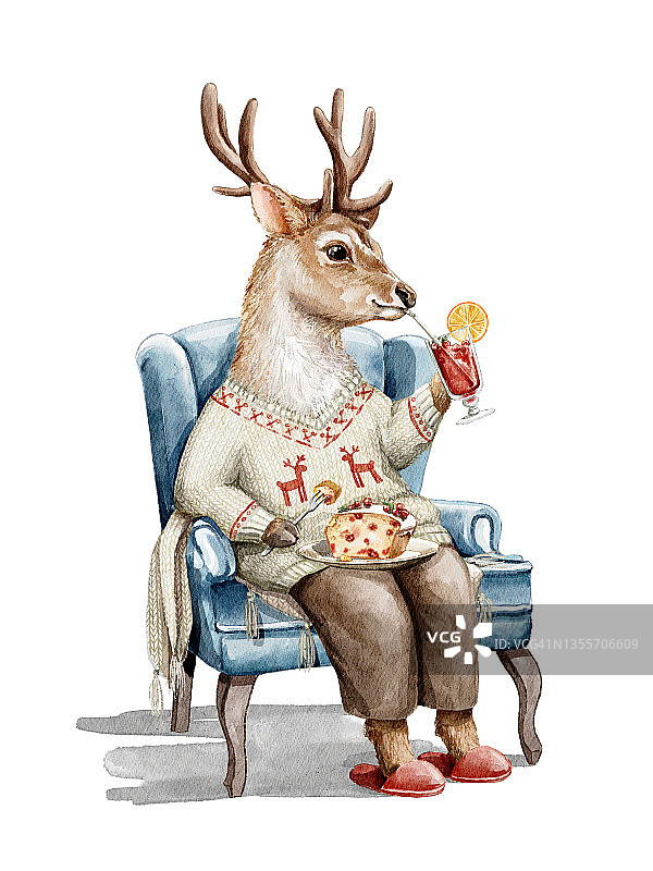 水彩画圣诞卡通鹿穿着衣服在扶手椅上吃和喝图片素材