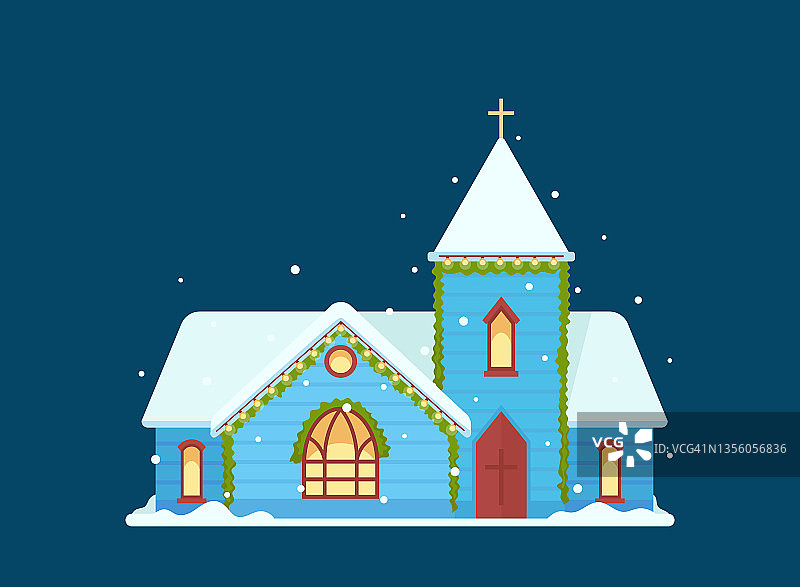 冬天的圣诞节教堂建筑，屋顶上有十字架和雪和拱形窗户的天主教寺庙，建筑图片素材
