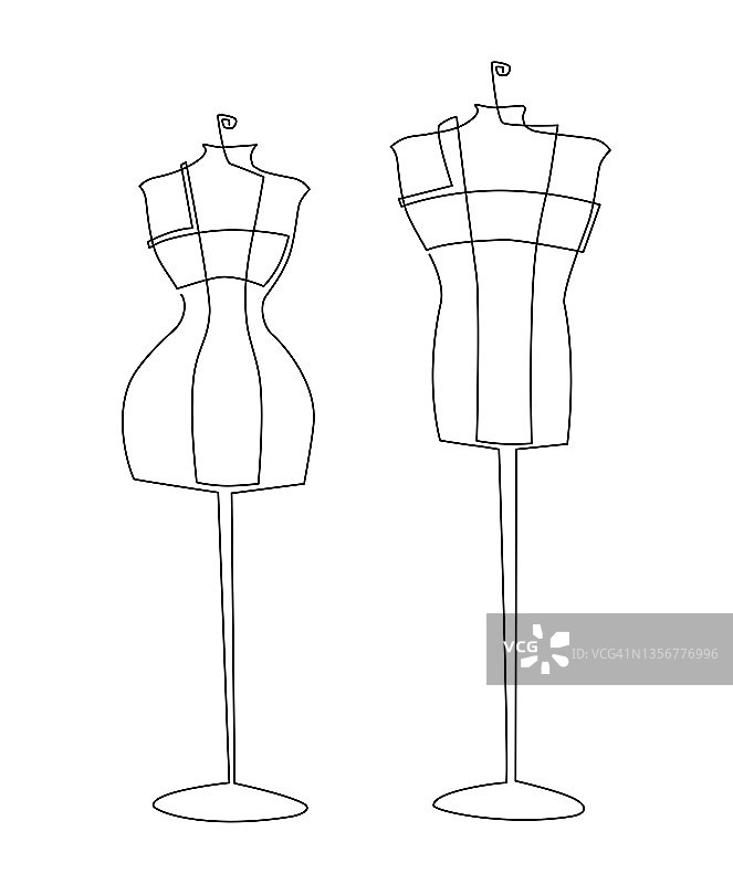 一个裁缝的男模特和一个女模特站在圆台上。连续的线条画。矢量插图。图片素材