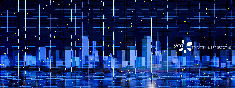 3D的蓝色发光未来城市-景观图片素材
