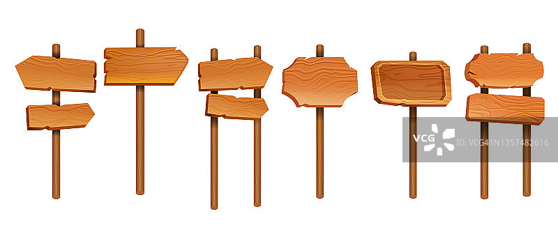 木制矢量板招牌板集，UI游戏木材纹理菜单箭头面板孤立白色。图片素材