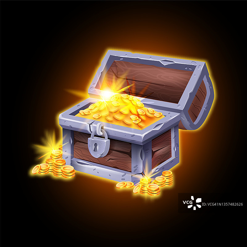 黄金魔术箱，矢量游戏宝藏图标，海盗打开全木箱子，闪亮的硬币堆，铁锁。图片素材