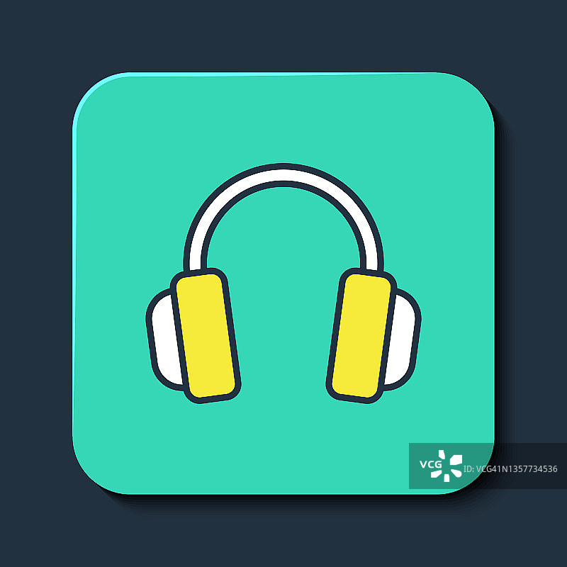 填充轮廓耳机图标孤立在蓝色背景。耳机。概念听音乐，服务，沟通和运营商。绿松石平方按钮。向量图片素材