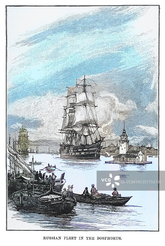 在博斯普鲁斯海峡的俄罗斯舰队的旧雕刻插图图片素材