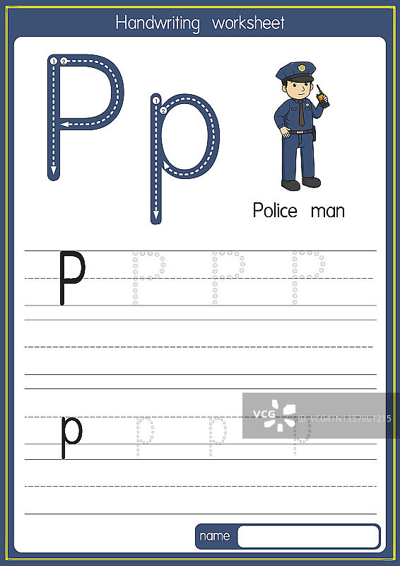 矢量插图警察与字母P大写字母或大写字母的儿童学习练习ABC图片素材