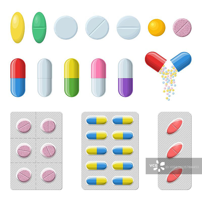 白色背景上的一组药丸和胶囊。药物的图标。水泡片:止痛药、维生素、抗生素、阿司匹林。药房和药品标志。医疗矢量图图片素材