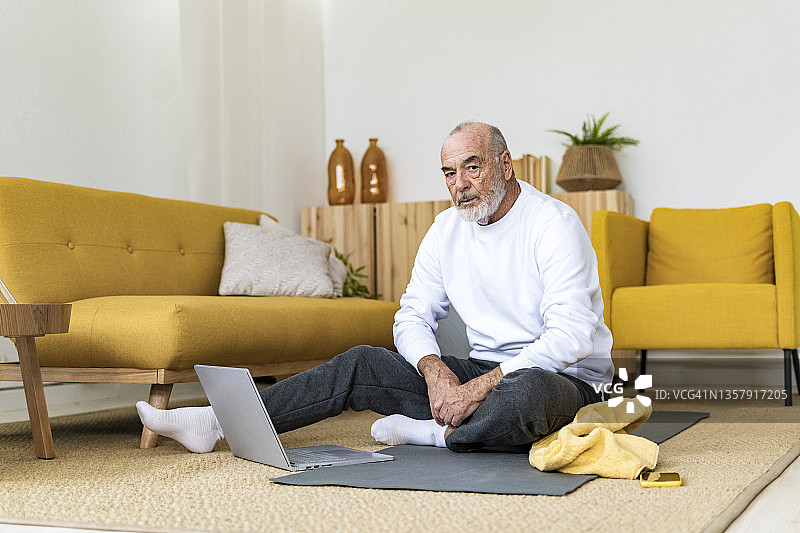 老男人坐在家里的客厅里用笔记本电脑图片素材