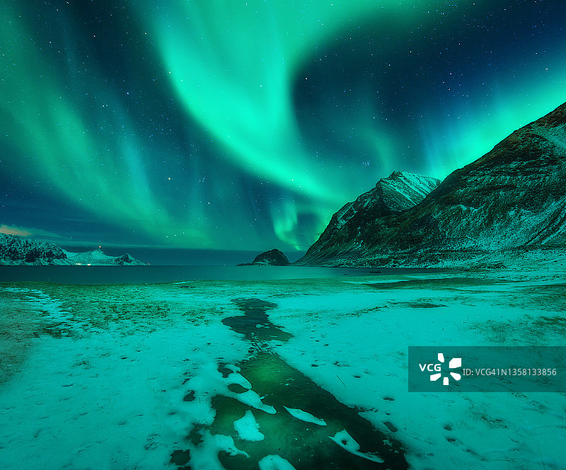 北极光在挪威罗浮敦群岛的雪山上，冰冻的海岸上，以及夜晚在冰中的倒影。北极光。冬季景观与极地光，海滩在雪，星空，极光图片素材