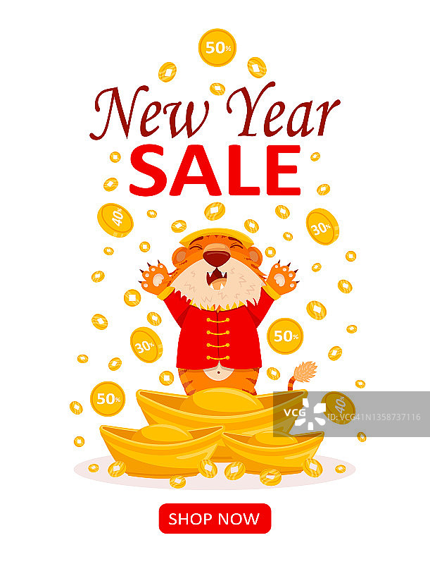 中国新年智能手机销售季横幅模板。卡通可爱的老虎穿着民族服装，在有洞和折扣的硬币雨中欢呼。矢量平面插图。图片素材
