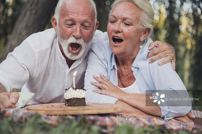 快乐的老夫妇在野餐时吹生日蜡烛图片素材
