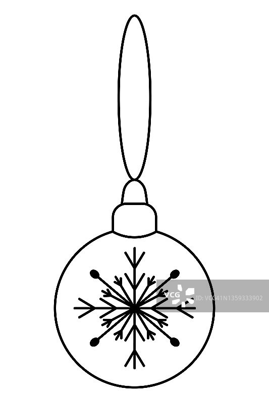 圣诞树装饰。一个装饰有雪花的玻璃球挂在一根线上。草图。矢量插图。儿童涂色书。涂鸦风格。装饰水晶装饰。图片素材