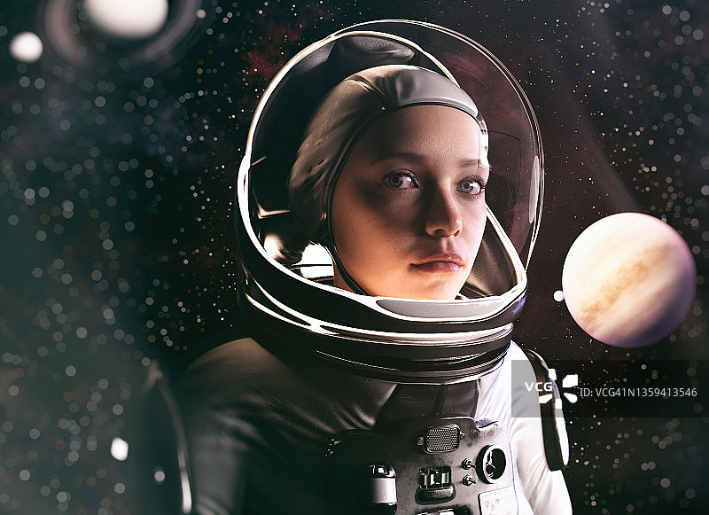 年轻的女宇航员在木星和土星前面。图片素材