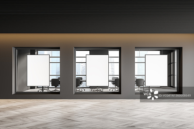 深灰色的办公室走廊与会议室窗户的模型图片素材