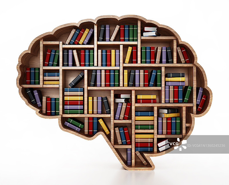 脑型图书馆的书架上摆放着一叠彩色书籍图片素材