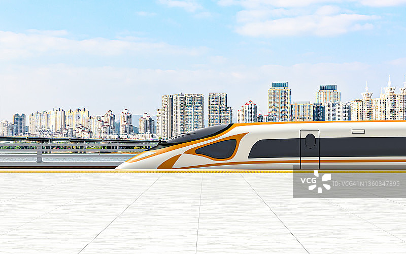 等待准时出发的高速列车和城市景观-由3D图形软件制作图片素材