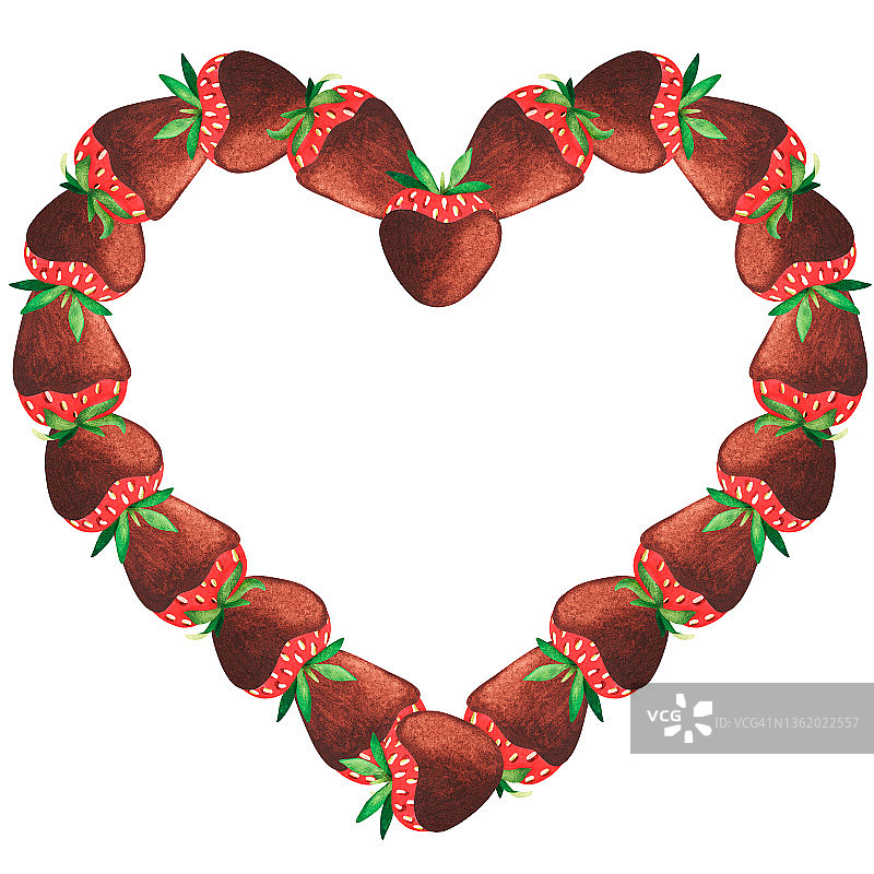 巧克力草莓的心脏。水彩插图。孤立在一个白色的背景。设计图片素材