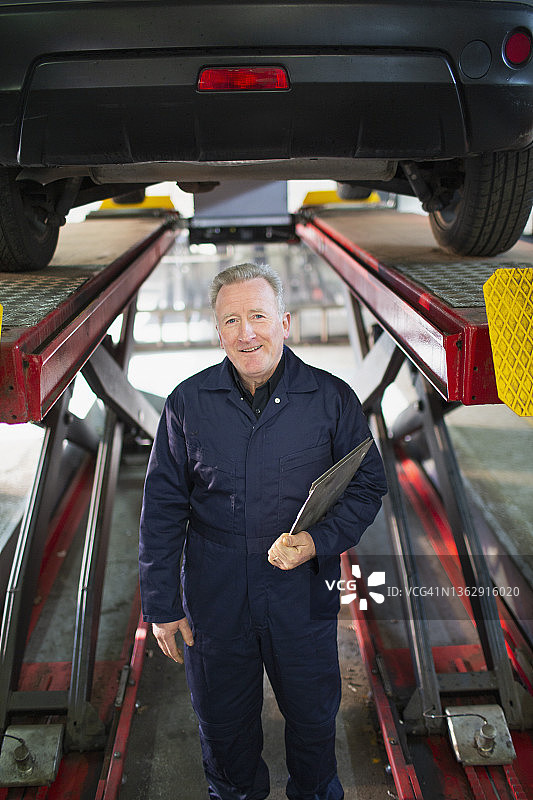 肖像自信的男性机械师在汽车修理店汽车下图片素材