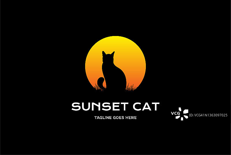 日落日出猫剪影与草地宠物标志设计图片素材