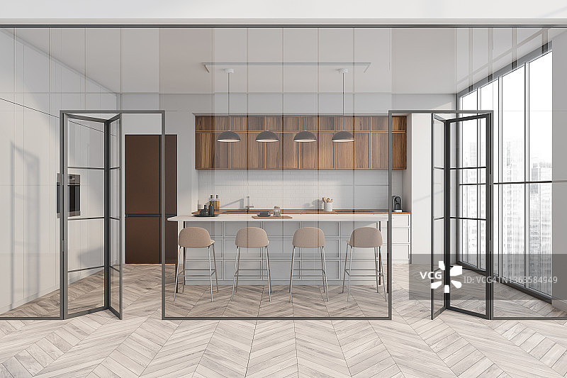 现代玻璃折叠门与白色厨房空间的背景图片素材