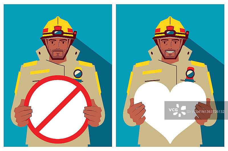 一名消防员手持心形标志和禁止标志图片素材