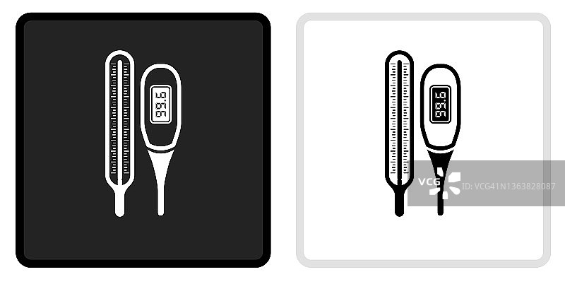 黑色按钮上的温度计图标与白色翻转图片素材