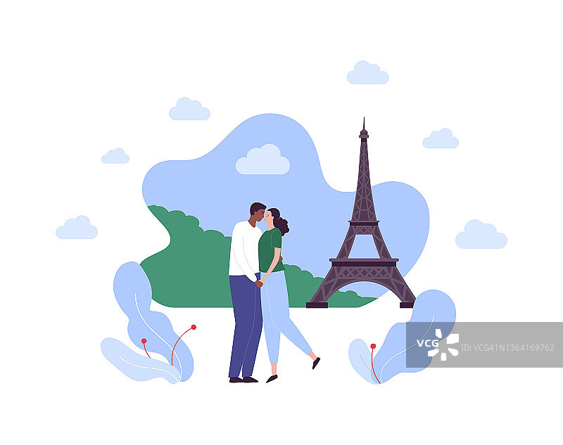 旅游和名胜旅游概念。矢量平面人插图。一对非洲男人和女人在埃菲尔铁塔的背景上接吻。专为浪漫假期，情人节设计。图片素材