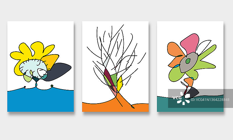 一套手绘植物枝花图案，横幅涂鸦设计元素图片素材