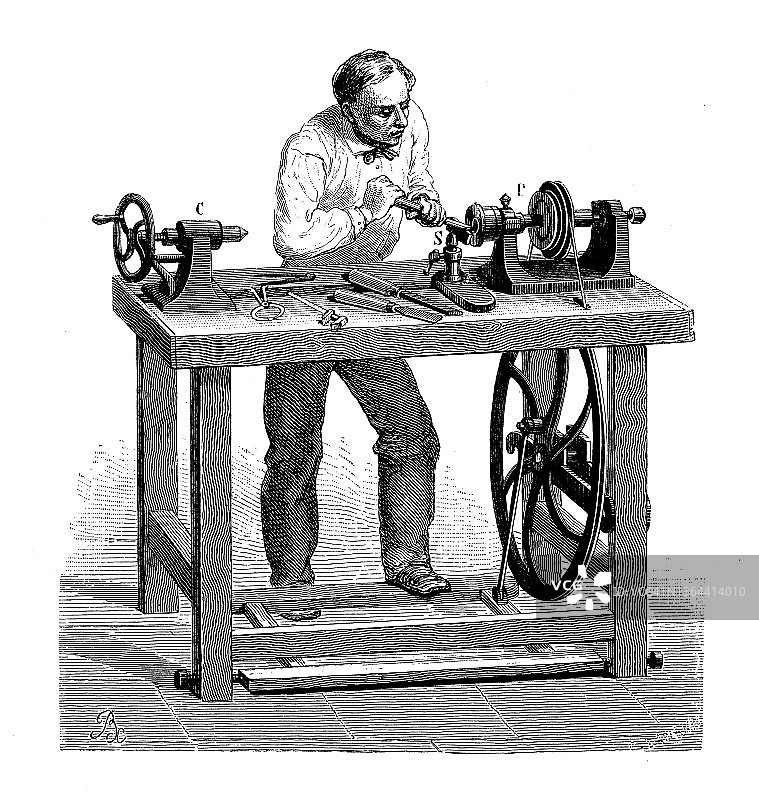 19世纪工业、技术和工艺的古董插图:车床、车床图片素材