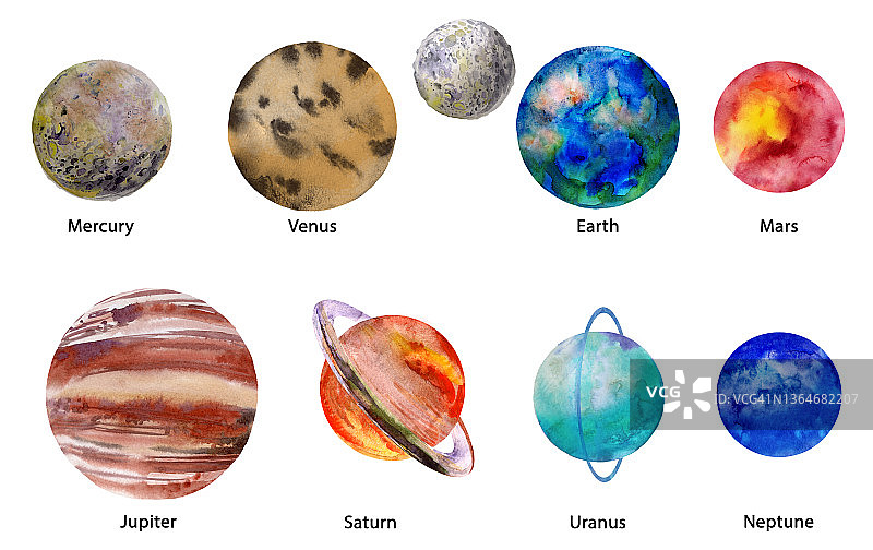 一组用水彩画在白色上的太阳系行星图片素材