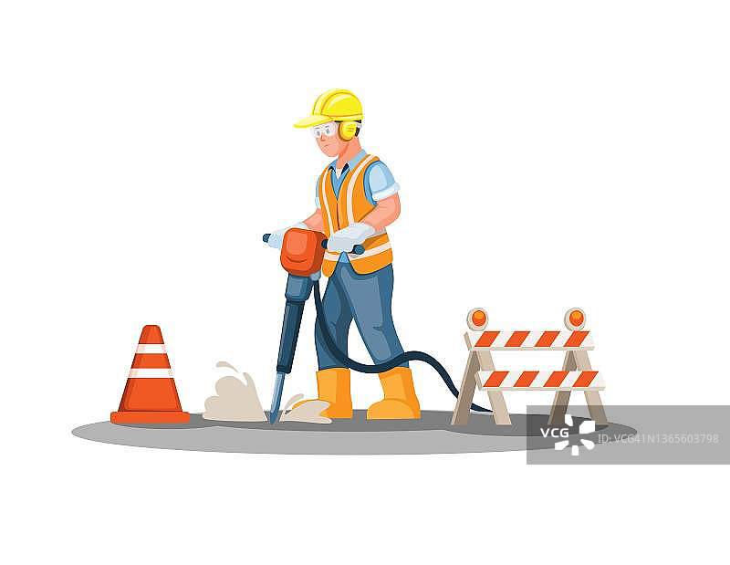 建筑工人用手提钻钻探道路。人物插图卡通矢量图片素材