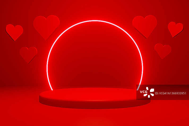 平台产品背景为情人节。红色背景上的红心和底座图片素材