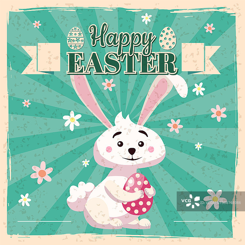 复活节快乐海报复古。贺卡上有兔子，兔子，鸡蛋。矢量图的图片素材