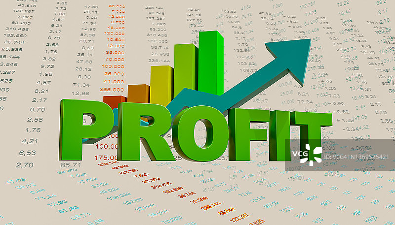 “利润”这个词加上一个蓝色箭头向上。数据表与财务数字和柱图的背景。图片素材