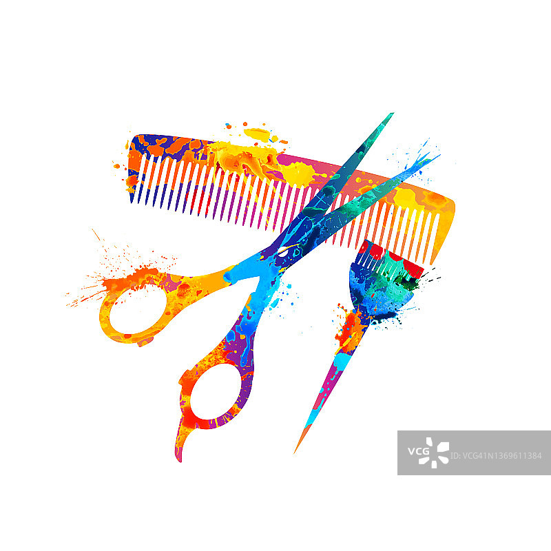 喷溅的美发沙龙油漆图标。剪刀，梳子和流苏图片素材