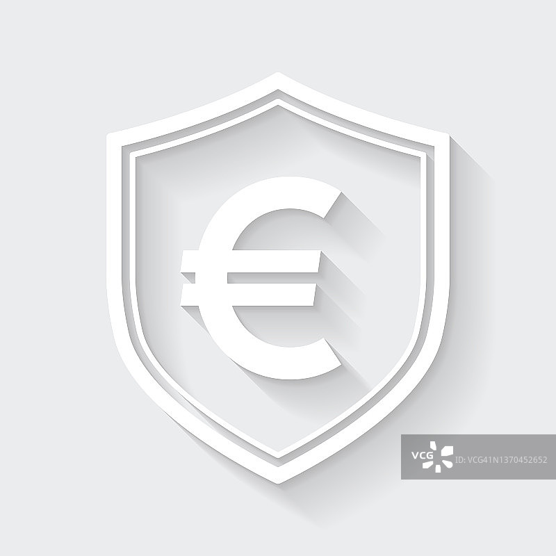 欧元的盾牌。图标与空白背景上的长阴影-平面设计图片素材
