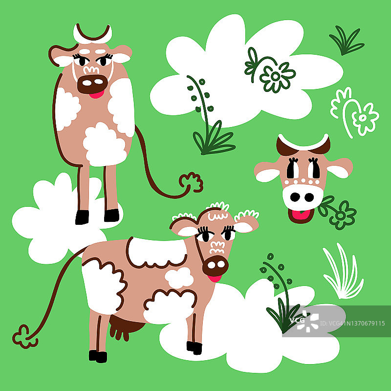 一组图像与有趣的公牛和奶牛，草，花和云图片素材