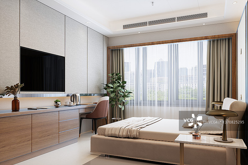 现代酒店客房，配有双人床，床头柜，电视机和窗外的城市景观图片素材