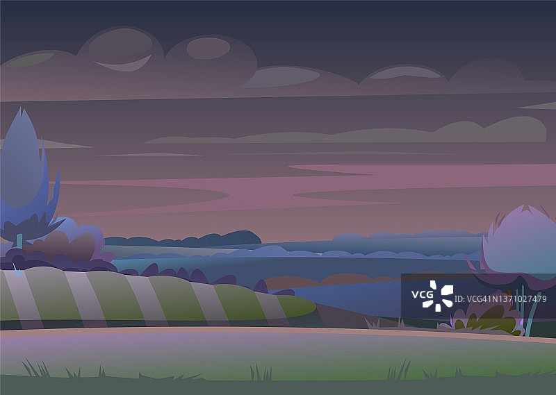 晚上农村景观。农场花园和山丘的景色。平面风格的卡通设计。黎明前七。美丽的黑暗郊区场景。向量图片素材