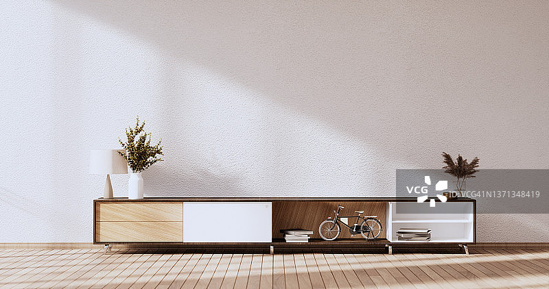 橱柜木制设计在白色房间室内现代风格。三维渲染图片素材