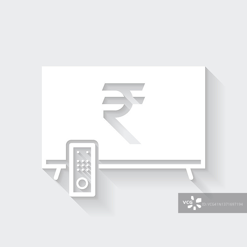 电视上印着印度卢比的标志。图标与空白背景上的长阴影-平面设计图片素材