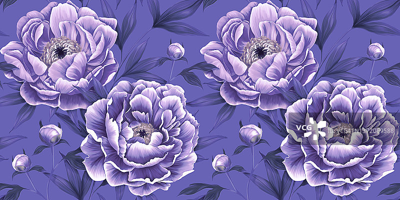 美丽的紫色牡丹，紫色的花蕾，布满灰尘的丁香叶。植物无缝模式。紫色的背景。墙纸非常接近的颜色。手绘面料、服装、商品的实体画图片素材