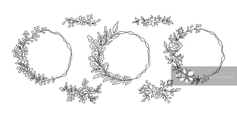 花的帧。一套轮廓花卉装饰的问候，婚礼，请柬。手绘插图图片素材
