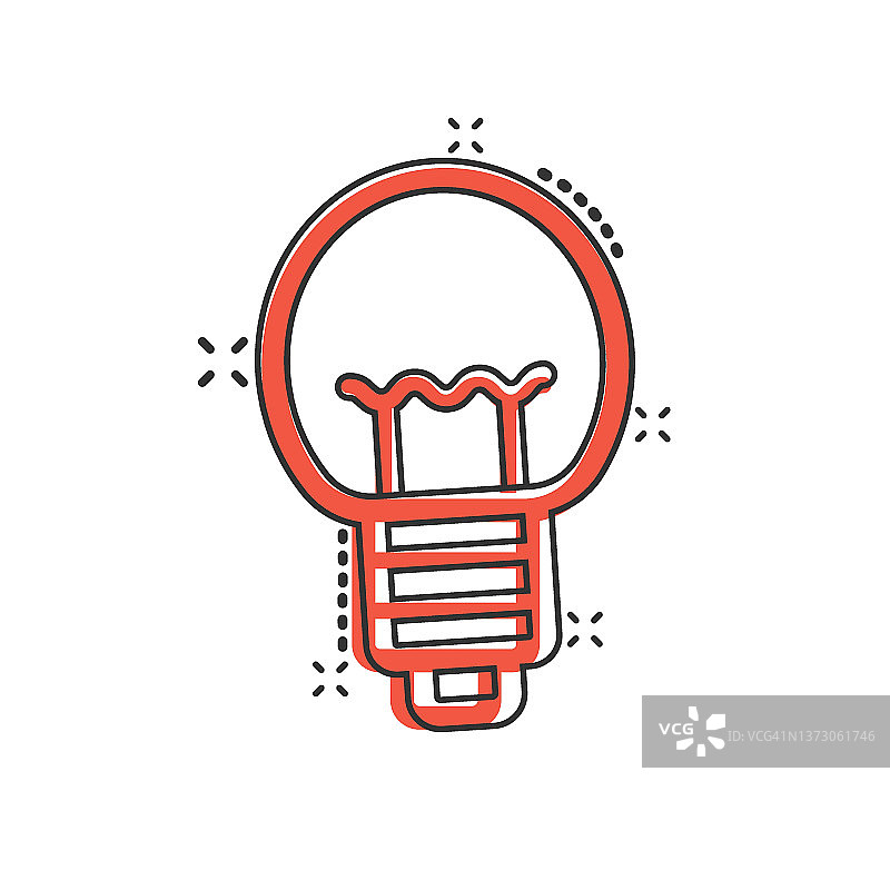 灯泡图标在漫画风格。灯泡卡通向量插图在白色孤立的背景。能源灯喷溅效果标识的经营理念。图片素材